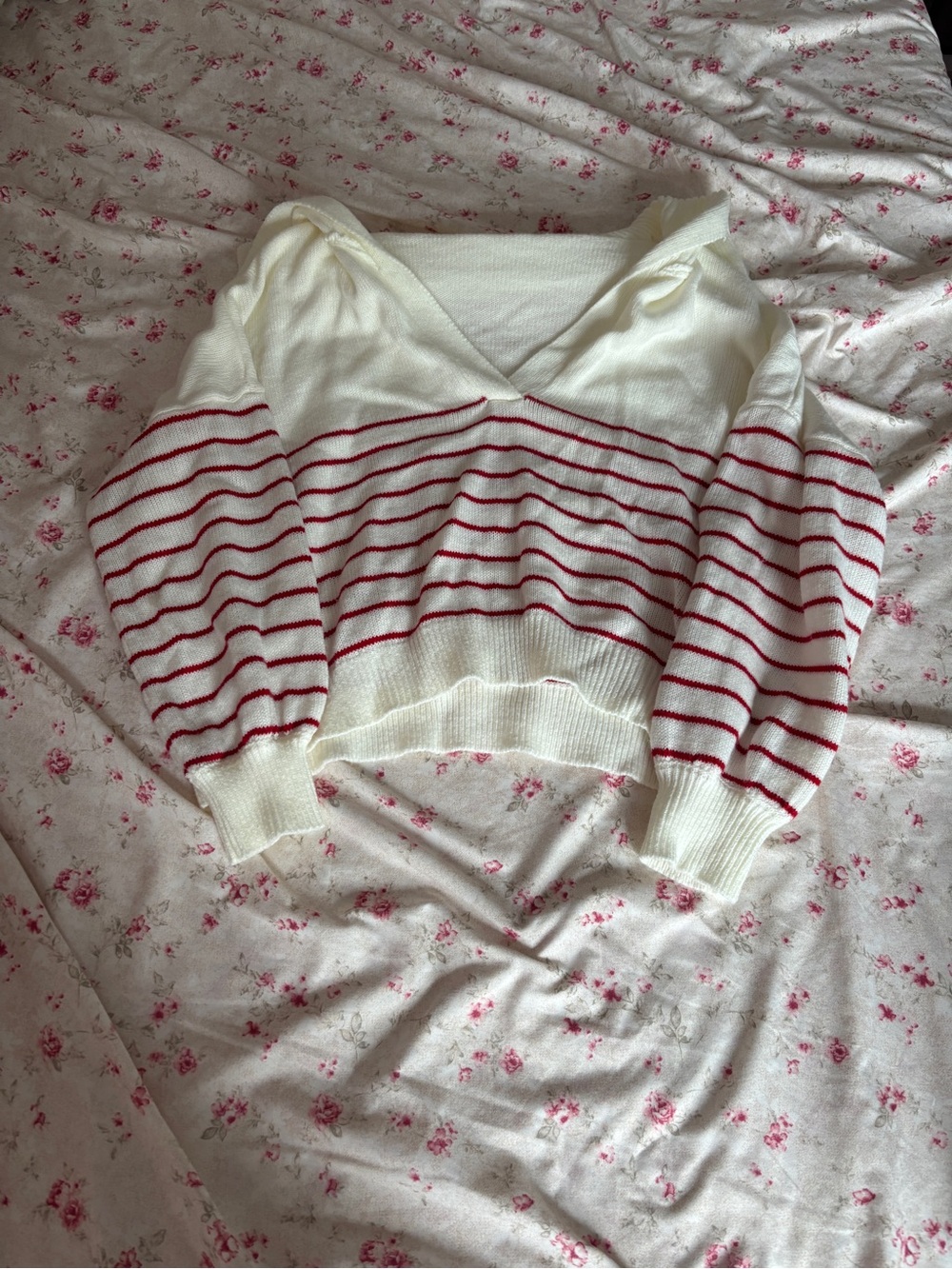 Cream and Red Striped Shein Sweater